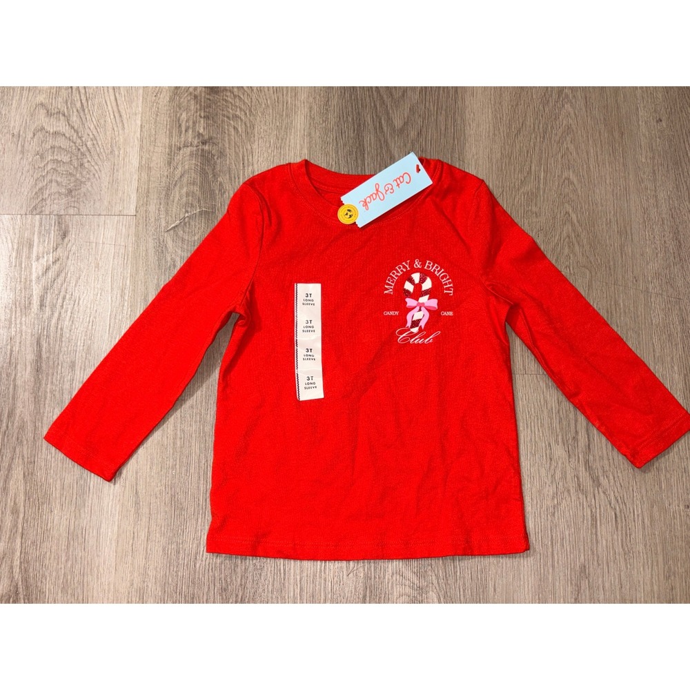 Cat & Jack Toddler 3T Red Merry & Bright Candy Cane Club Long Sleeve T-Shirt NWT